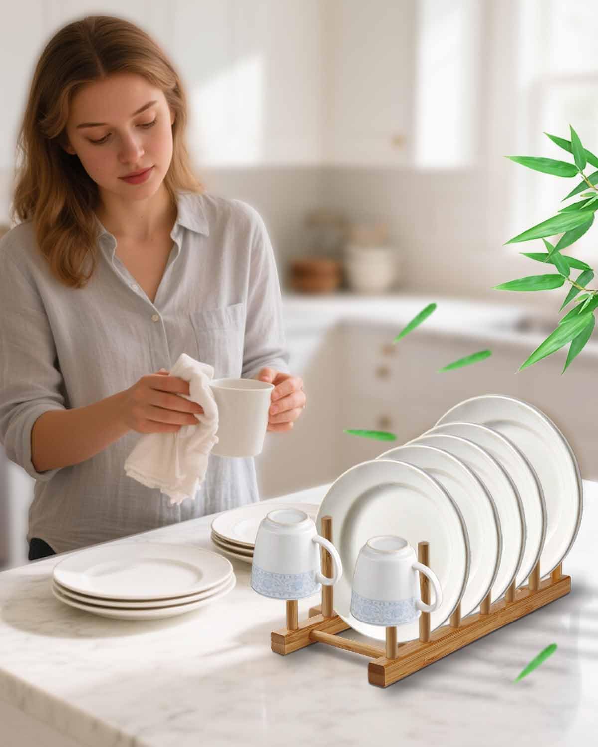 Bamboo Dish Rack, Stylish Vertical Wooden Plate Holder & Drainer, Multi-Purpose Kitchen Cabinet Organizer for Dishes, Pots, Lids, Bowls, Cups & Cutting Boards