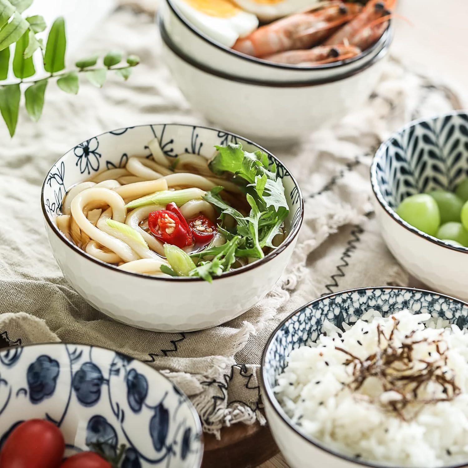 Japanese Style Ceramic Rice Bowls,10 Ounces Small Salad,Soup,Ice Cream Snack Dip Bowl Set of 6,Blue and White Floral Microwave Safe for Kitchen (4.5 inch)