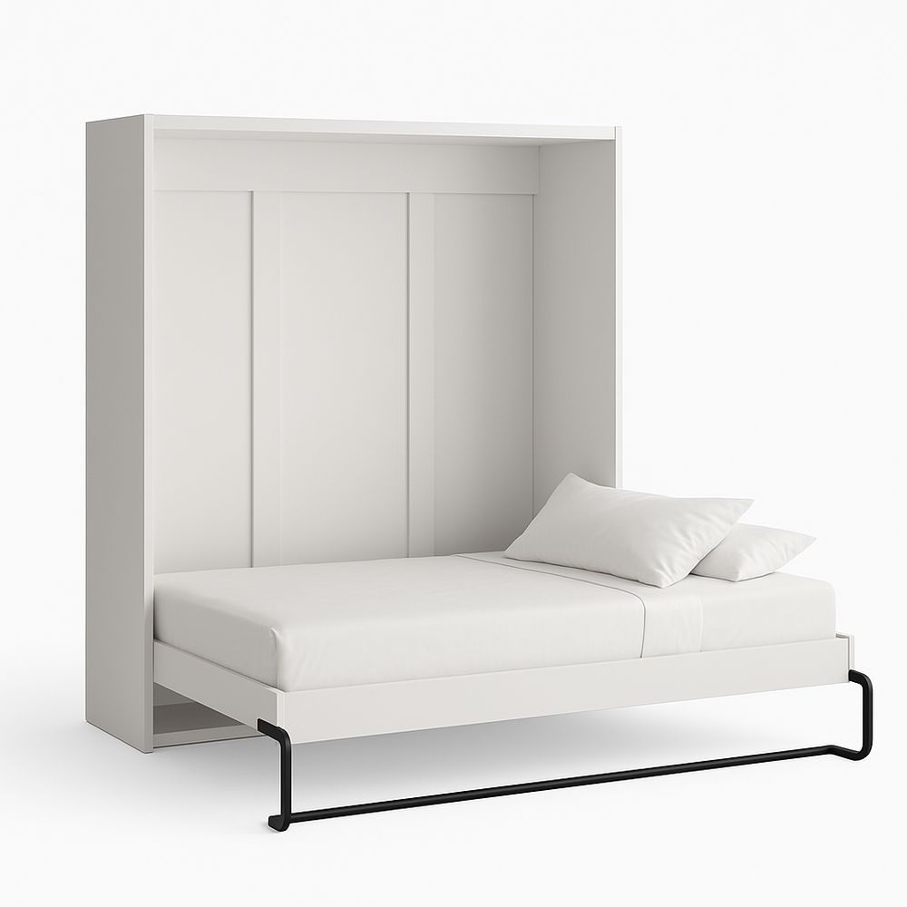 Cama abatible moderna de pared,diseño minimalista,estructura de madera y metal,perfecta para espacios reducidos,cama individual,color blanco