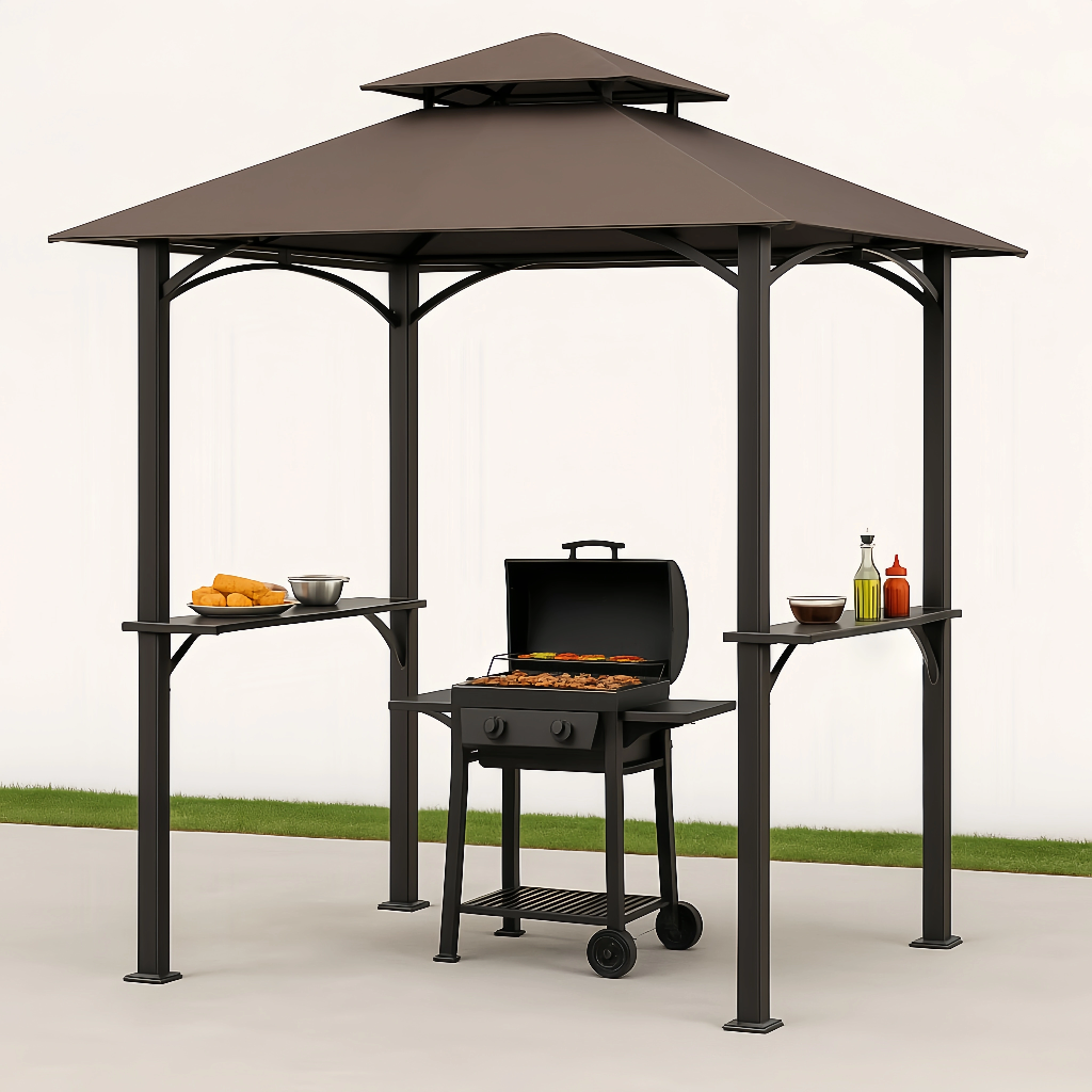 Caseta para barbacoa de jardín con techo a dos aguas y estructura metálica, de 220 cm x 120 cm x 240 cm.