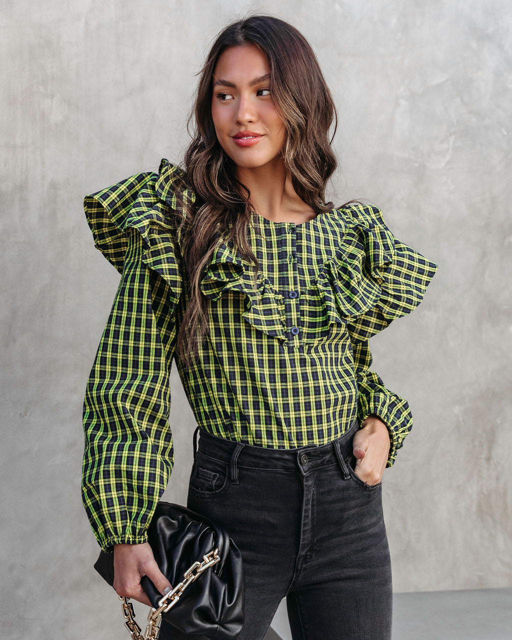 Clara Plaid Ruffle Long Sleeve Top - Yellow - Se7enfashion