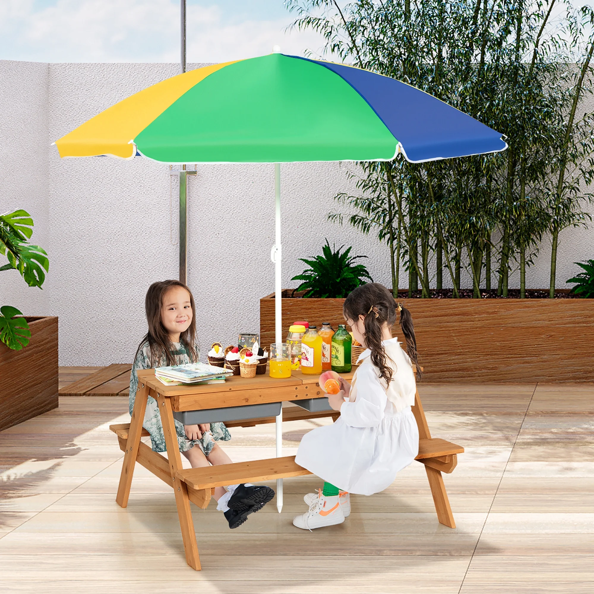 Costway 3-in-1 Kids Picnic Table Wooden Outdoor Sand & Water Table with Umbrella Play Boxes Green - Image 2
