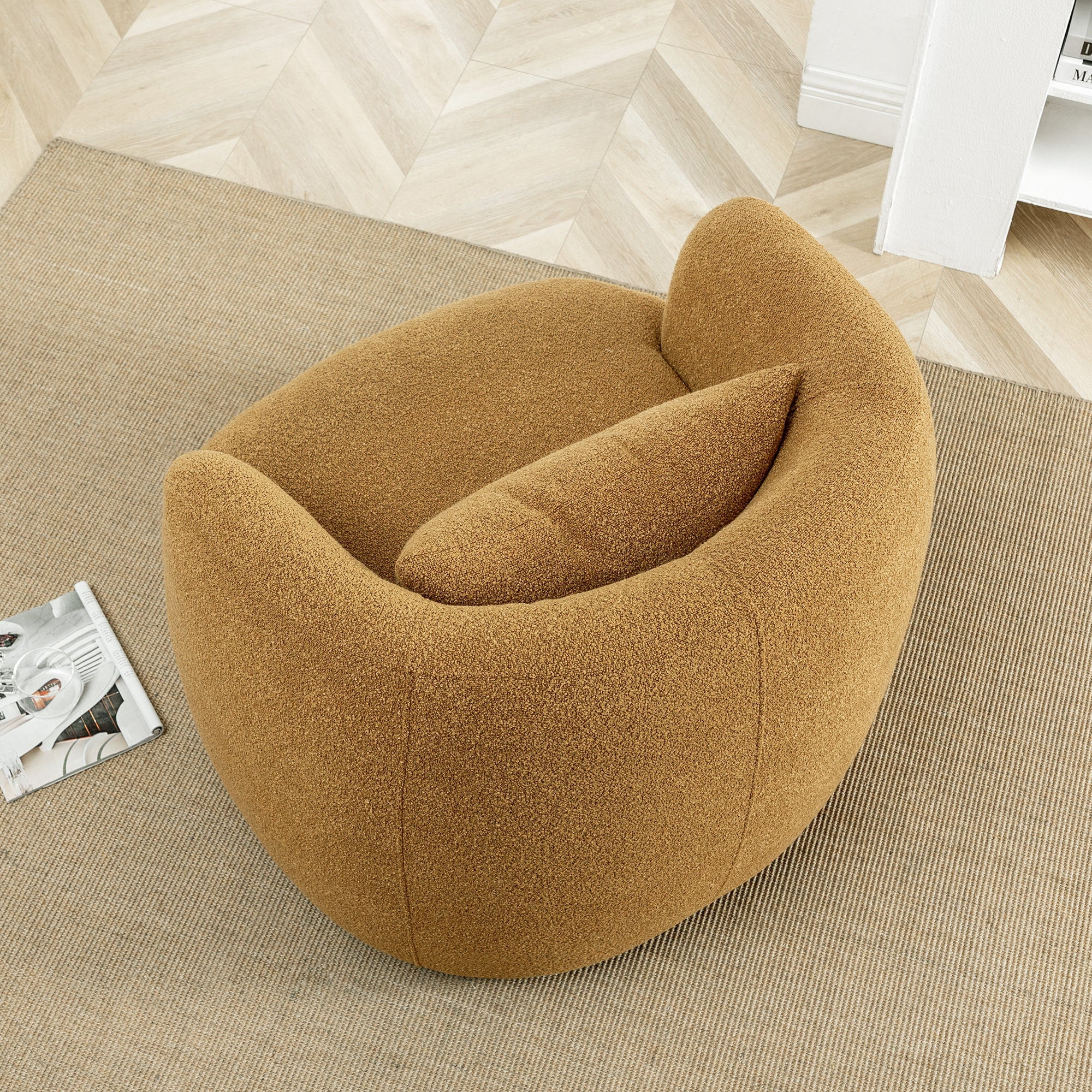 34" Wide Boucle Swivel Barrel Chair, No Assembly Round Upholstered Armchair Accent Chair Single Sofa Chair with Toss Pillow for Living Room and Bedroom, Taupe - Image 42