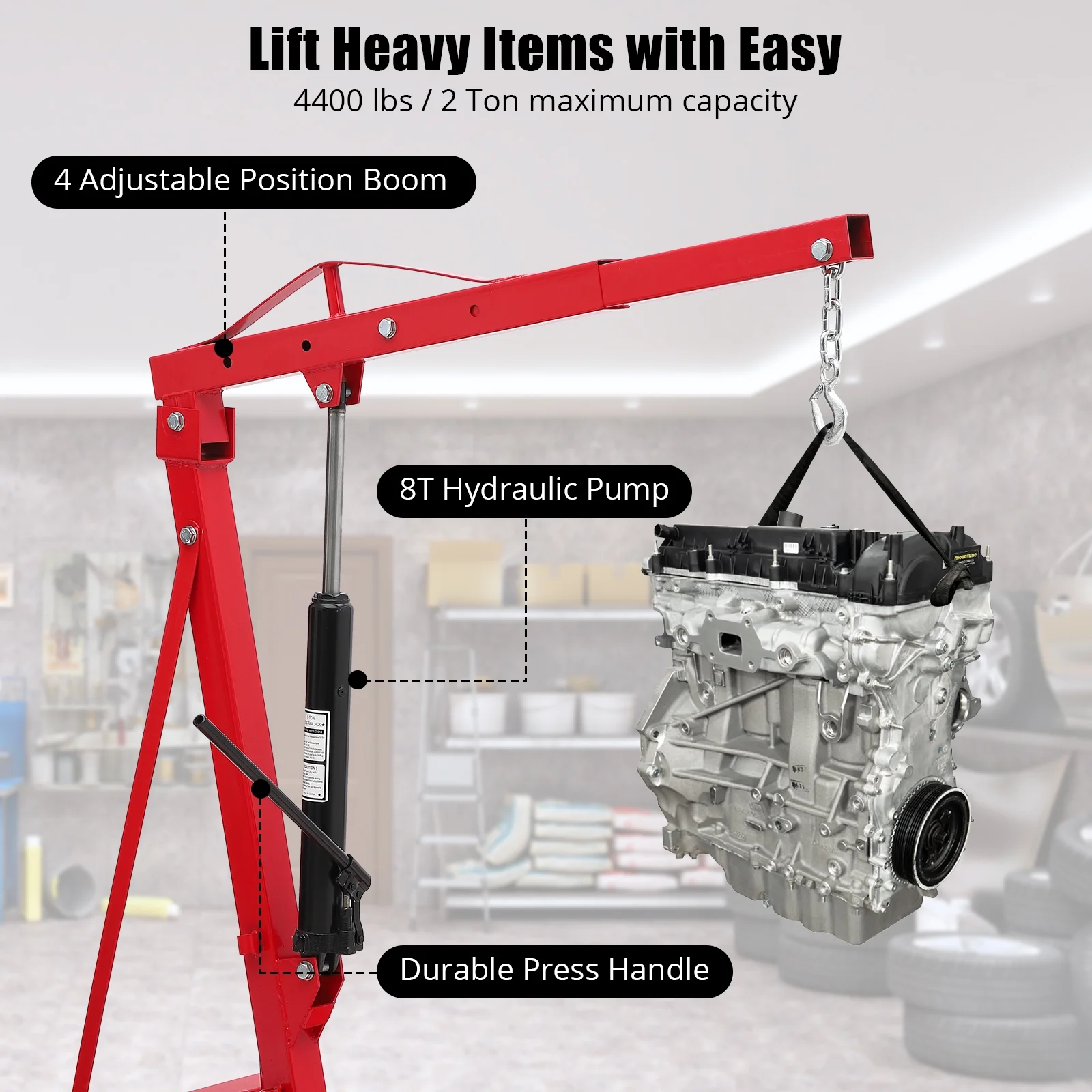 Ladcaser 2 Ton Engine Hoist, Folding Cherry Picker Engine Hoist with Lever and 6 Casters, 4400lbs Heavy Duty Hydraulic Shop Crane, Engine Crane Lifter for Workshops Garage Warehouse - Image 3