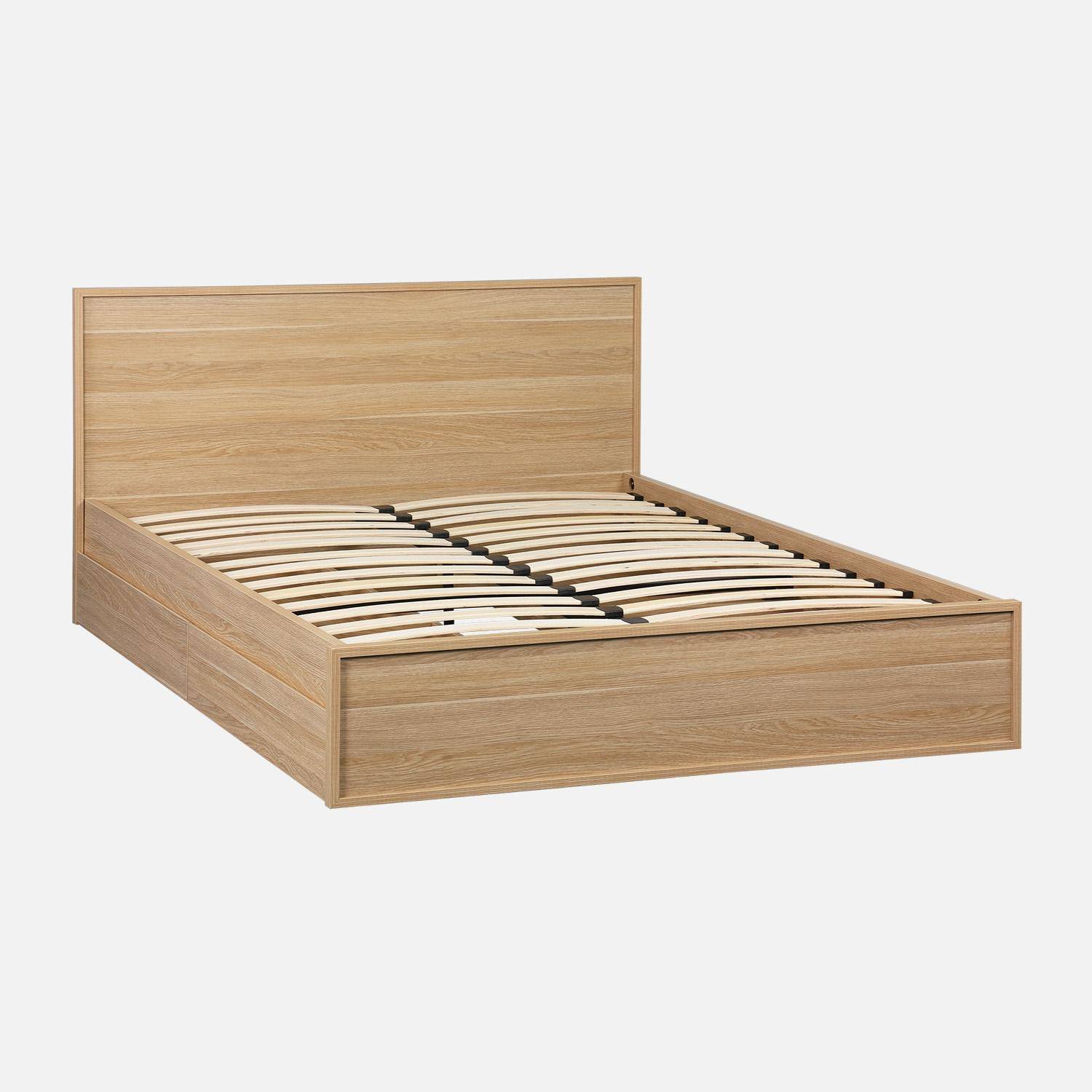 Kuba - Cama con somier de láminas y cabecero 140x190cm + 4 cajones decorativos de madera