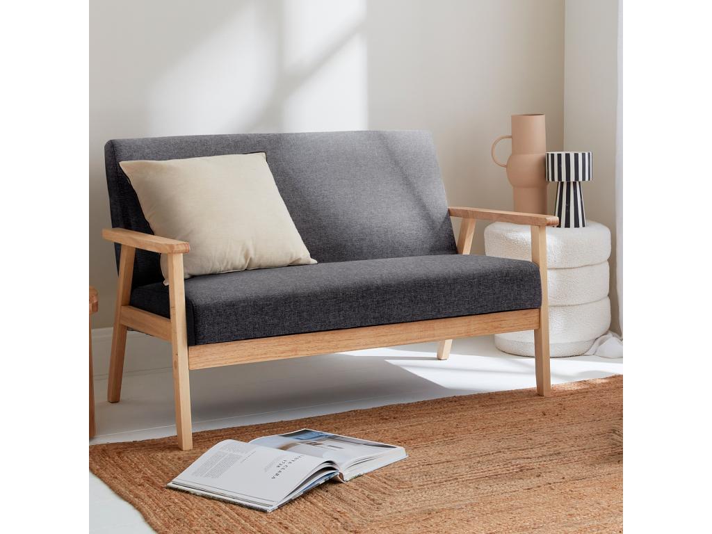 Sofá o banco con tela y patas de madera, 2 plazas gris oscuro