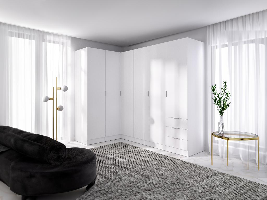 Armario de esquina de 6 puertas y 3 cajones - l213 cm - blanco