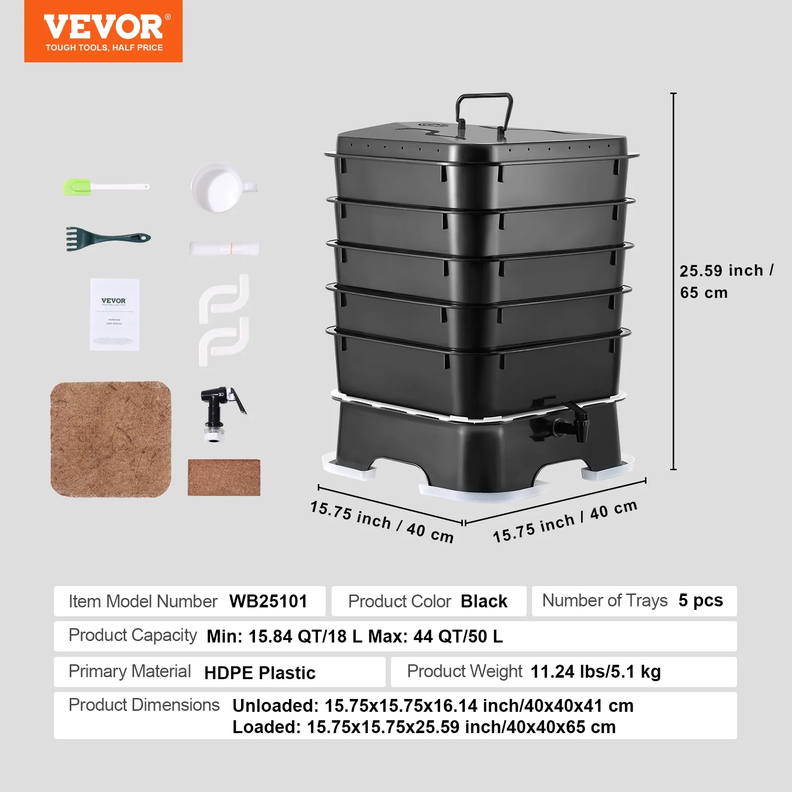 VEVOR 5-Tray Worm Composter, 50 L Worm Compost Bin Outdoor and Indoor, Sustainable Design Worm Farm Kit, for Recycling Food Waste, Worm Castings, Worm Tea, Vermiculture and Vermicomposting - Image 7