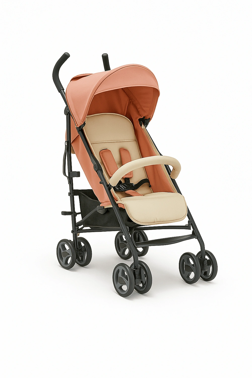 Cochecito de bebé, carrito plegable ligero con respaldo ajustable en 2 posiciones y arnés de 5 puntos, hasta 22 kg, colores melocotón y beige, apto para 0 - 48 meses