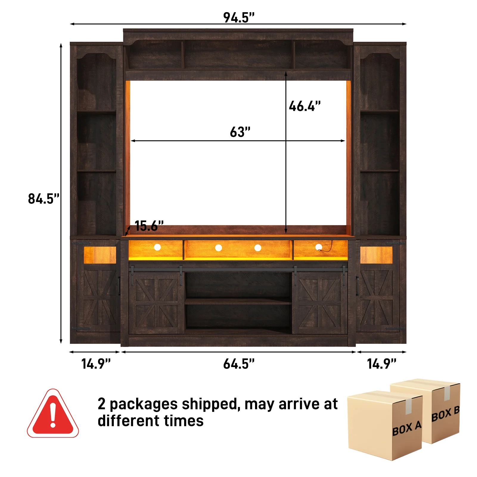 Farmhouse Wall Unit TV Stand with Storage for TVs up to 75", Large Entertainment Center with Bookshelves, LED Light & Power Outlet for Living Room - Image 15