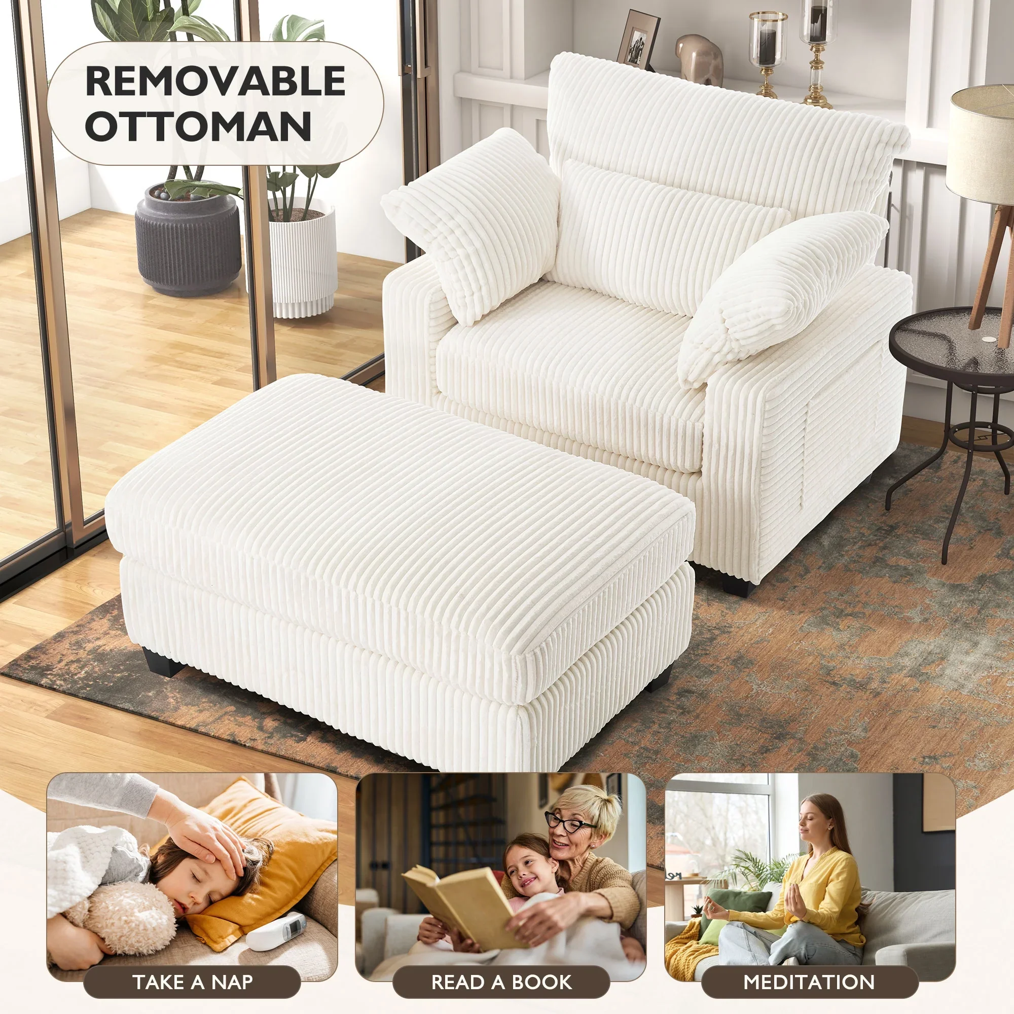 BedLuxury Oversized Accent Chair with Ottoman for Living Room, Single Sleeper Sofa Armchair with 3 Pillows, Lounge Sofa Bed, Green
