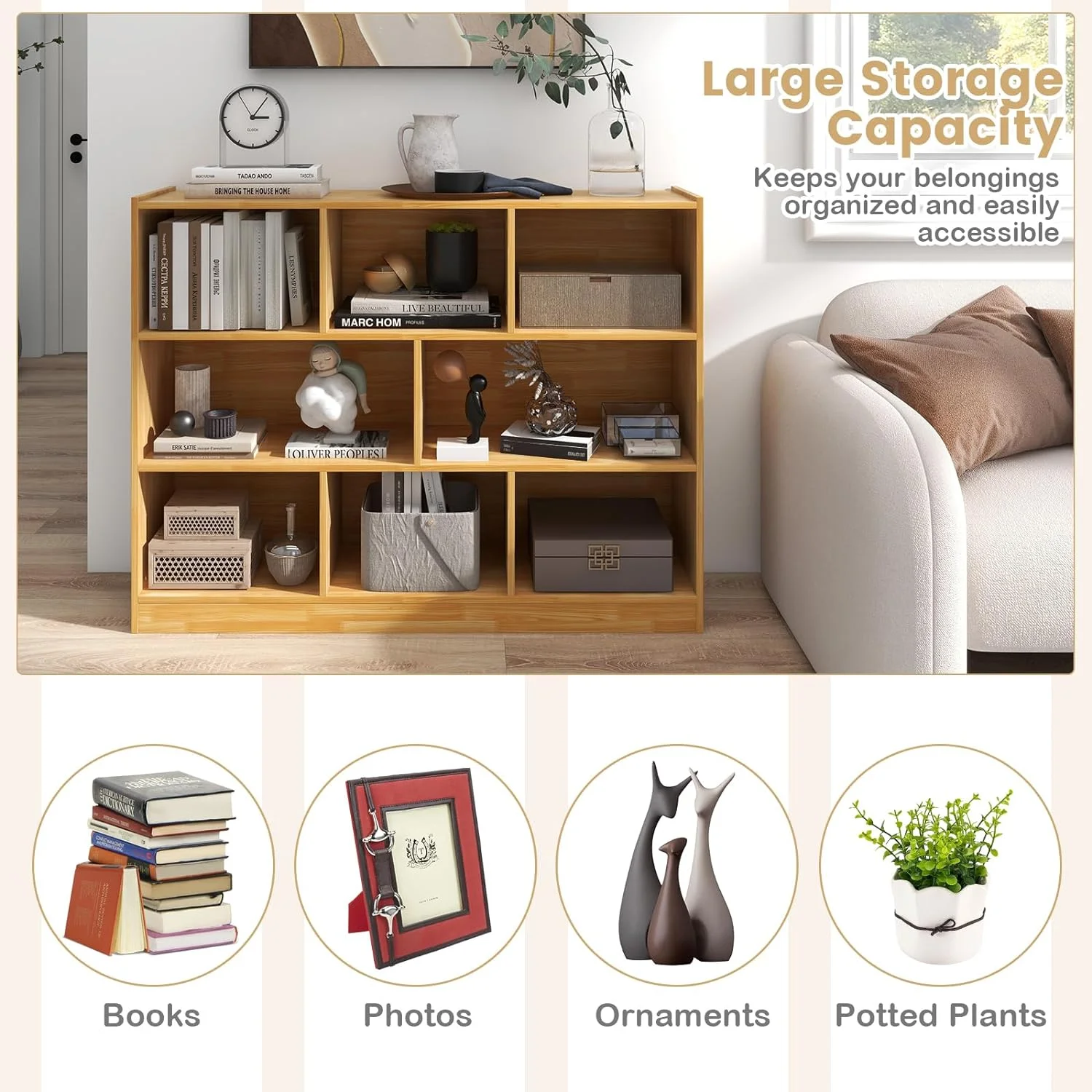 LOKO 3-Tier Open Shelf Bookcase, Floor Standing Wood Bookshelf for Bedroom, Living Room, Kids Room, 8 Cube Bookcase, 48 x 12.5 x 36.5 (Burlywood) - Image 9
