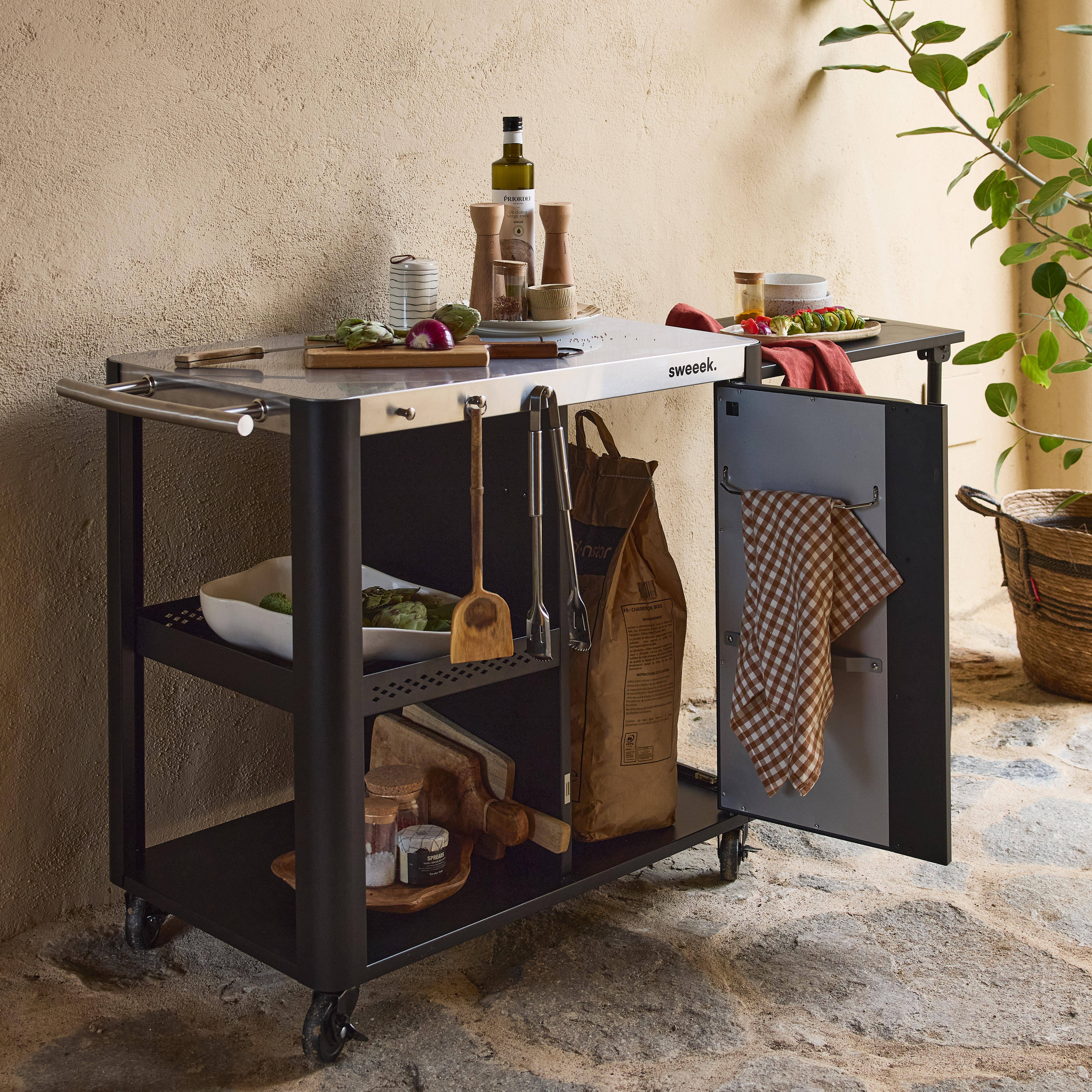 Andy - Carrito de cocina exterior de acero inoxidable de 94,5 cm con estante plegable