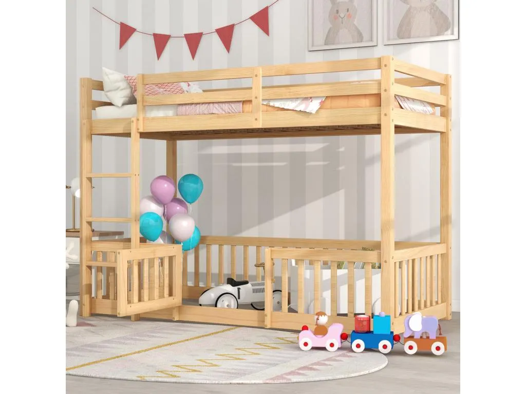 Litera 90x200cm - cama infantil con escaleras y puertas pequeñas protección contra caídas y barreras de Vivircalido maciza - natural 62616rxrc