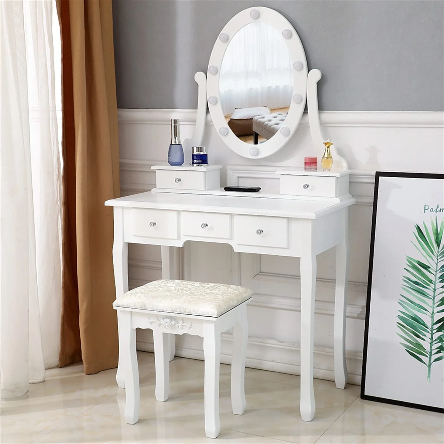 Ktaxon Vanity Table 10 LED Lights, 5 Drawers Makeup Dressing Desk with Cushioned Stool Set,Bedroom Vanities Set White - Image 3