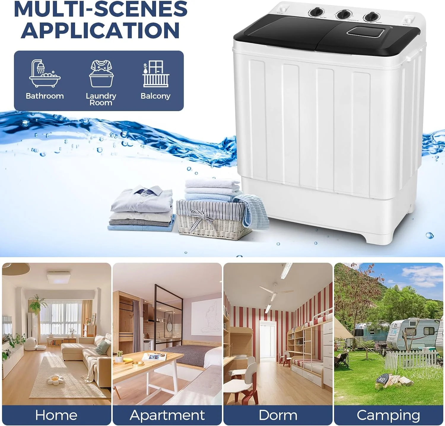 Qhomic Portable Washer 30lbs, 2-in-1 Twin Tub Washer & Dryer Combo Compact Semi-Automatic Washing Machine with Drain Pump, Black - Image 10