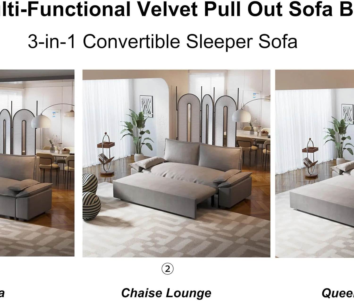 Tabaray 63.8" Futon Sofa Bed Queen Size, Pull Out Bed, 3-in-1 Convertible Sleeper Sofa with Side Pocket, Modern Plush Velvet Futon Couch for Living Room, Small Space, Apartment, Bedroom, Black - Image 59