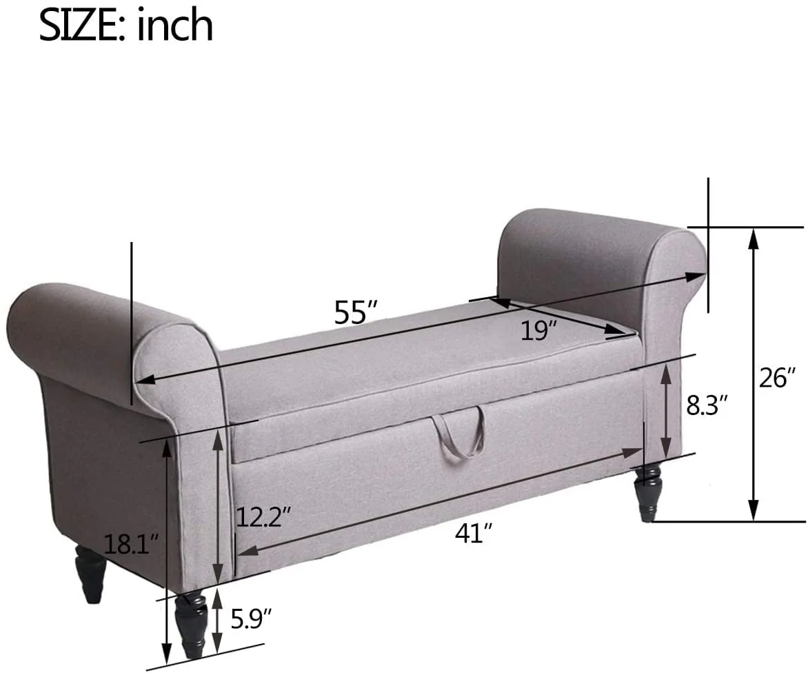 Andeworld Storage Bench with Arms Upholstered Bench Settee for Bedroom Living Room Gray - Image 3