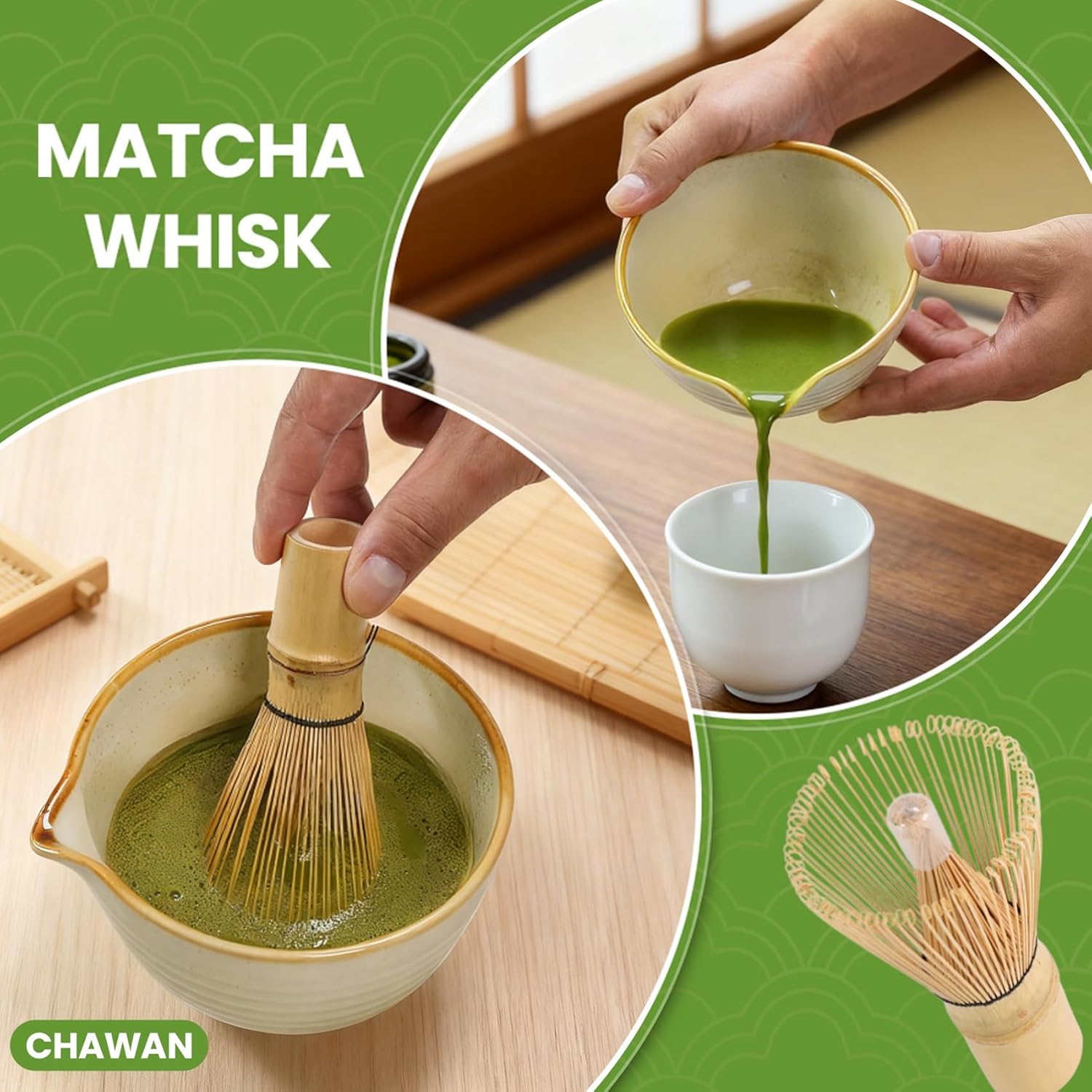 Matcha Set 7 Pcs, Japanese Matcha Kit for Beginners with Ceramic Bowl, Bamboo Whisk, Whisk Holder, Sifter, Chashaku Scoop and Tea Towel, Matcha Tea Set for Home, Latte and Gifts