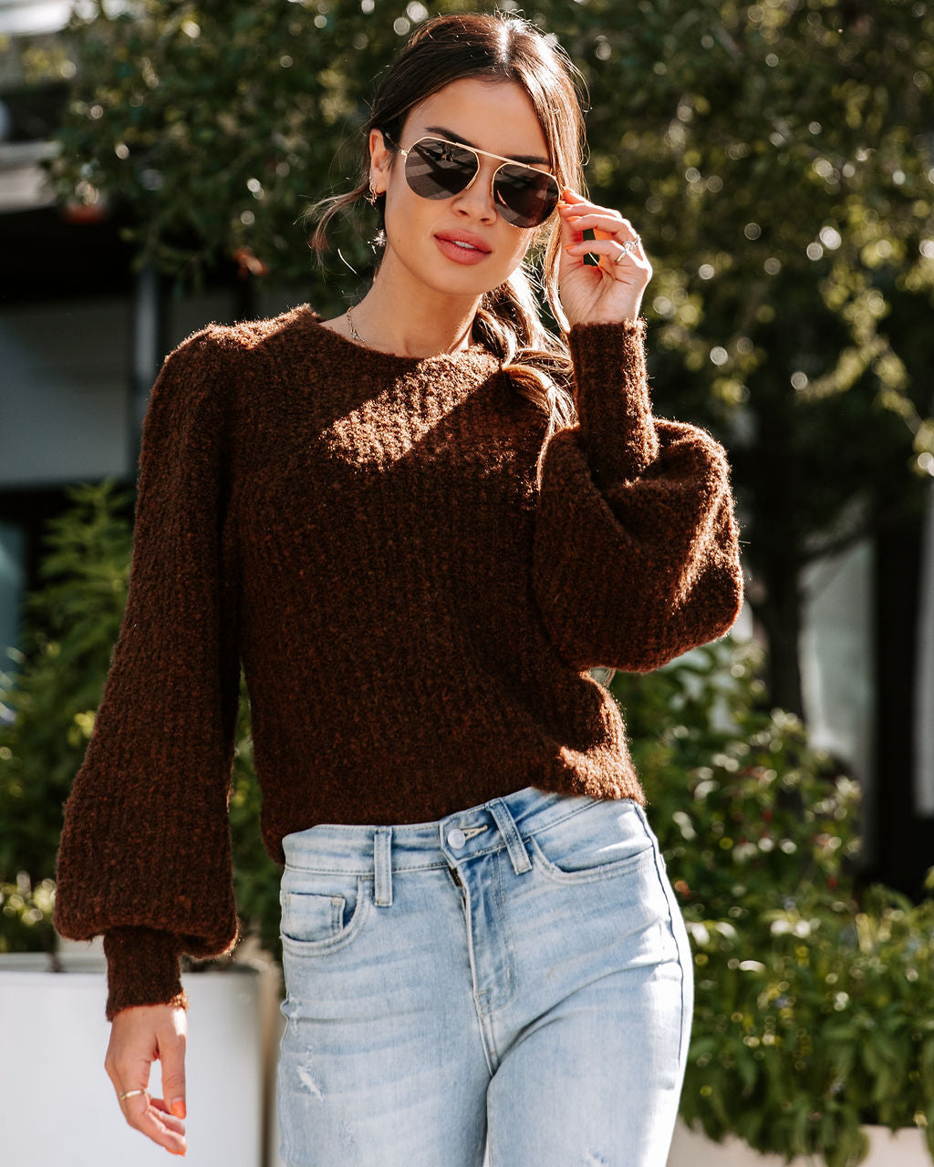 Tana Balloon Sleeve Knit Sweater - Chocolate - Se7enfashion