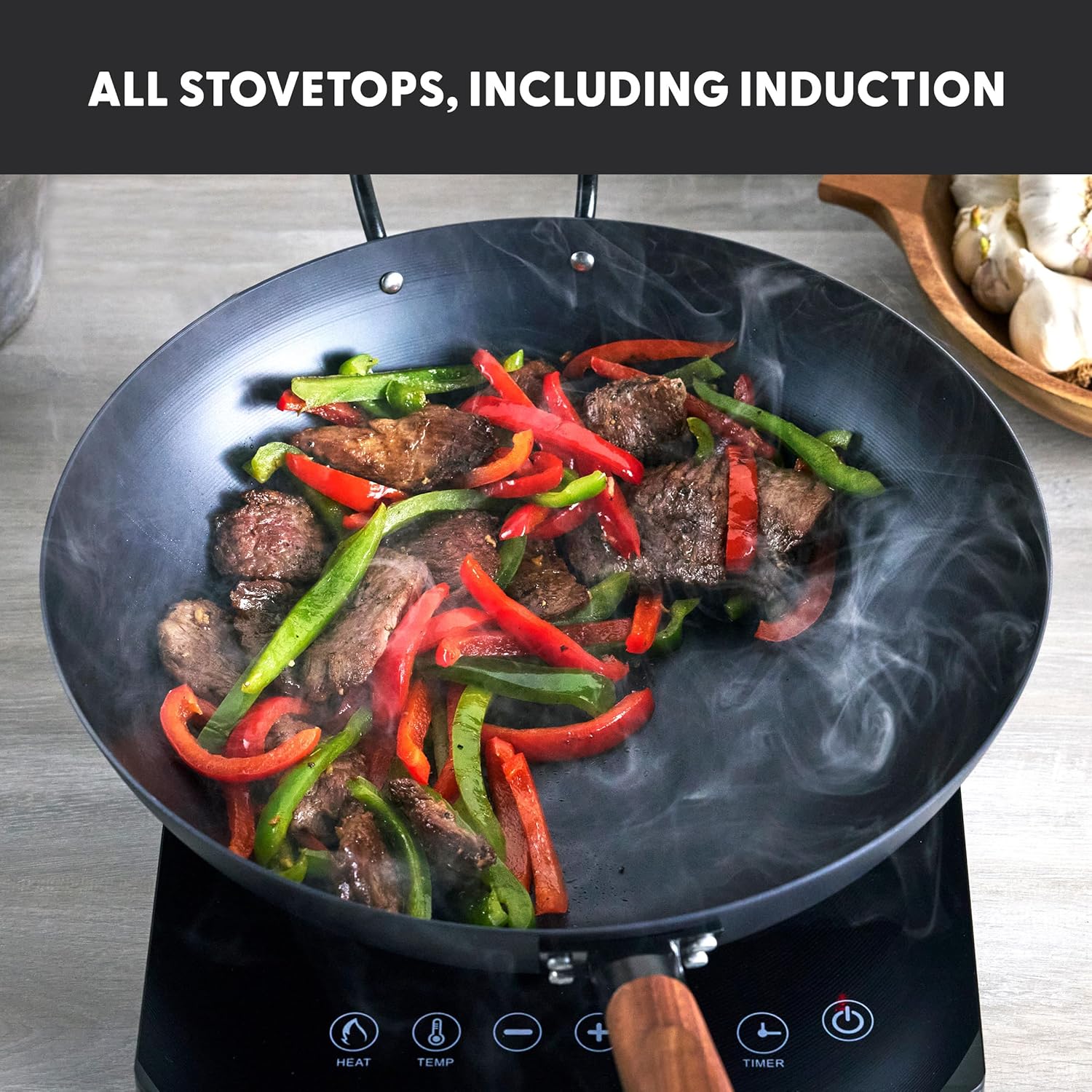 GreenPan Carbon Steel Wok 14”, Flat Bottom, Durable Stir-Fry Pan, Pre-Seasoned Ready to Use, High Heat Retention, Induction, Ash Wood Handle, Kyoto, Black