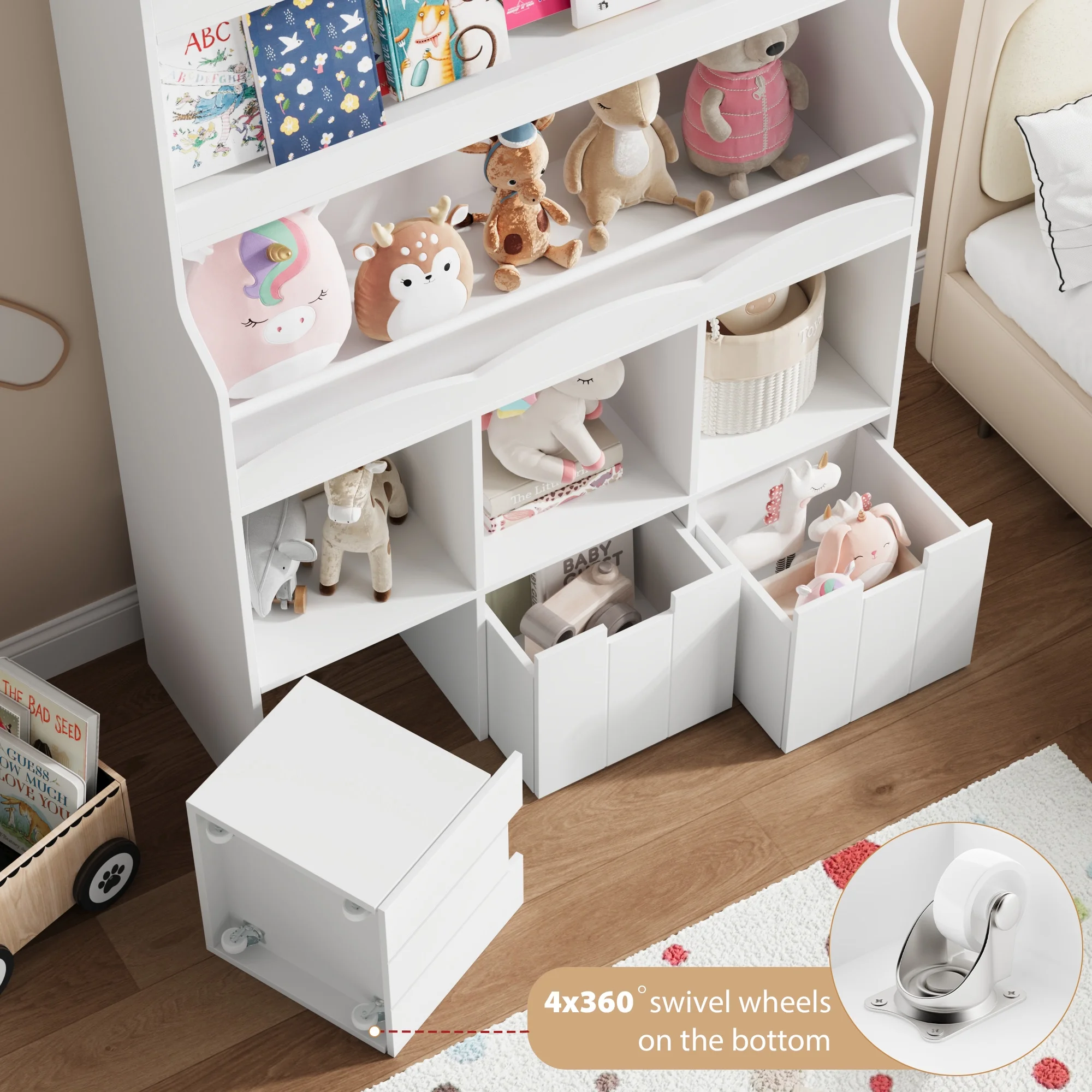 Homfa 55.5- H Kids Bookshelf with 2-Tier Book Shelves, Children Toy Organizer with 3 Cubes and Removable Drawers, White - Image 8