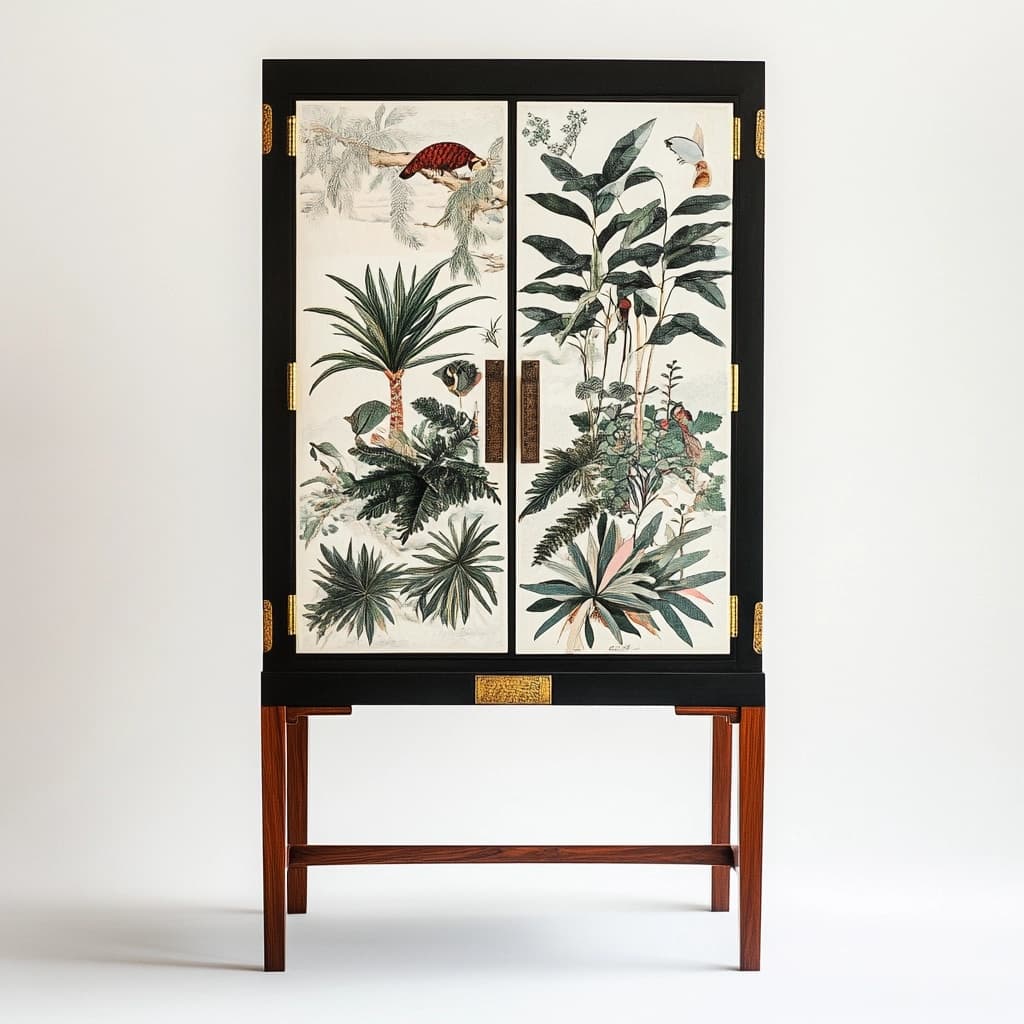 Armario decorativo de madera maciza negro, diseño botánico con puertas ilustradas, 160x90x40 cm
