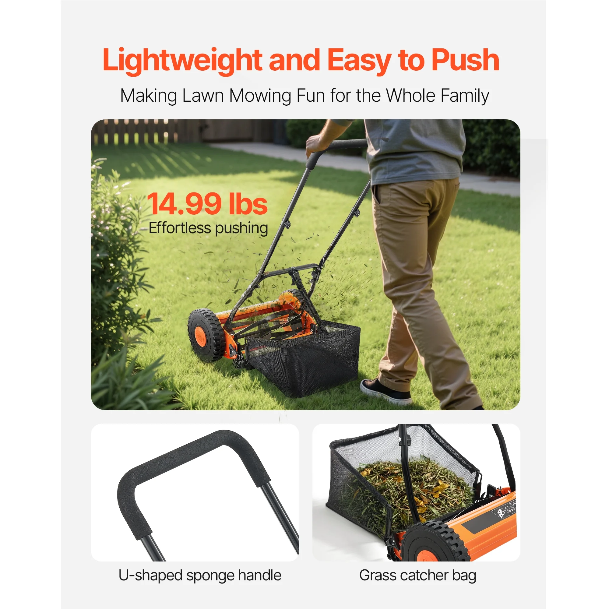KFFKFF 16-Inch Manual Push Reel Lawn Mower, 5-Blade Design, Adjustable Cutting Height from 0.6 to 1.75 Inches, Walk-Behind Mower with Grass Collection Bag for Lawns, Driveways, and Courtyards - Image 3