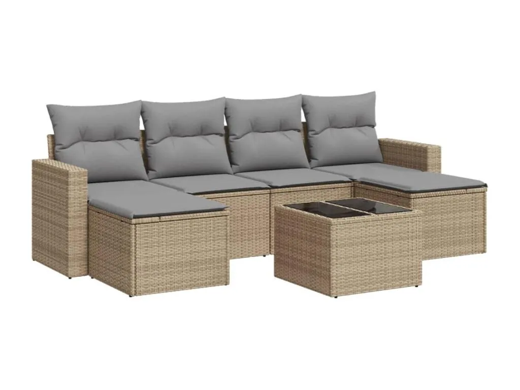 Set sofás de jardín 7 piezas y cojines ratán sintético beige