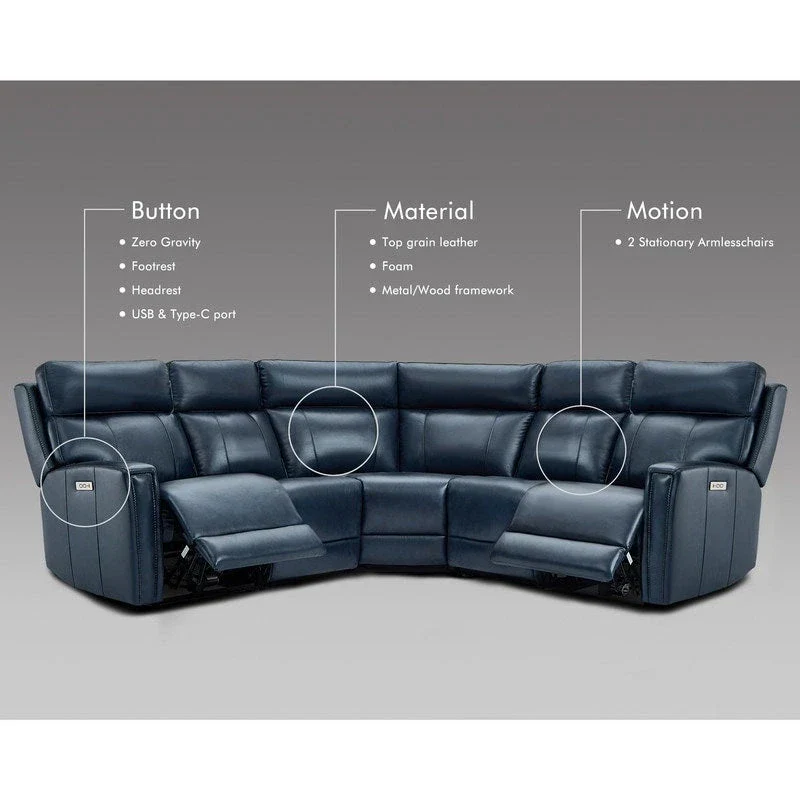 104" 3-Color Genuine Leather Power Reclining Sectional Sofa with Zero Gravity Feature, USB & USB-C Ports, and 2 Stationary Armless Chairs