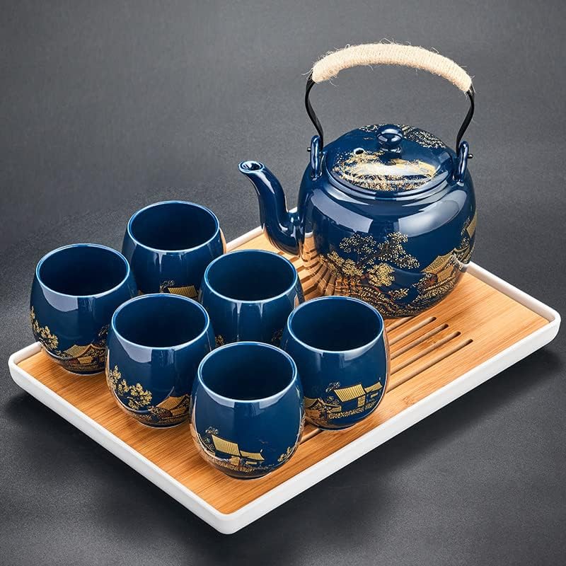 Japanese Tea Set, Black Glazed Tea Set in Gift Box With 1 Teapot, 1 Tea Strainer, 1 Tea Tray and 6 Tea Cups. Ideal Tea Set for Office Home, Asian Tea Sets for Tea Lovers(Landscape Blue)