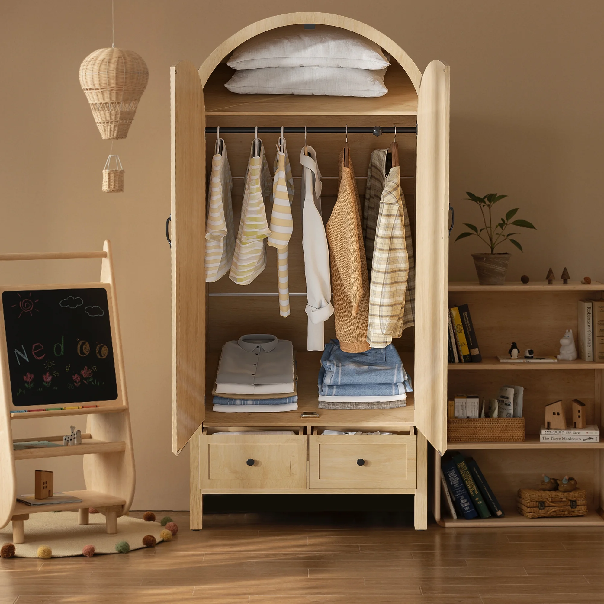 Oubayajia Arched Armoire Wardrobe Closet with Fluted Doors, Wooden Wardrobe Closet with Drawers, Shelves and Hanging Rod for Bedroom - Image 12
