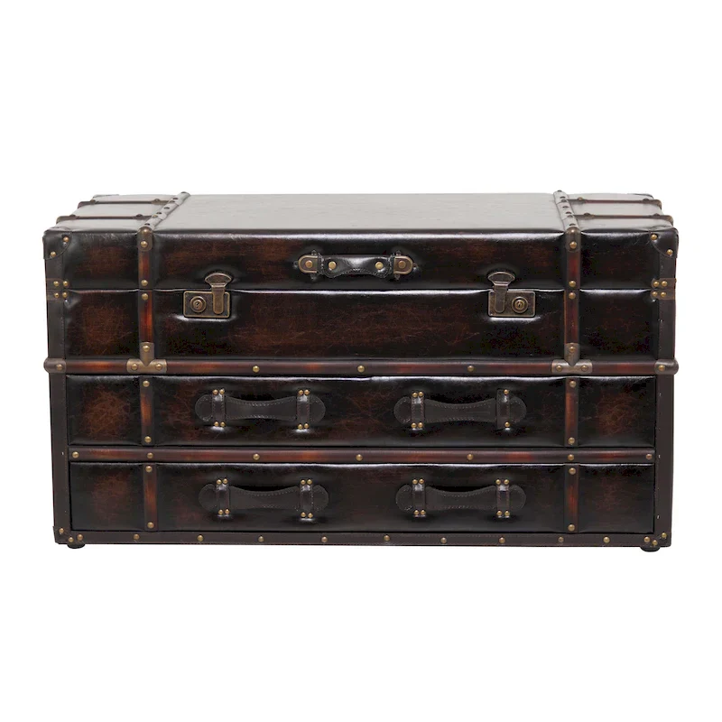Roche River Decor Faux Leather or Linen Fabric Coffee Table Trunk with 2 Drawers and Buckle Hinged Top - Available in Dark Blue or Brown