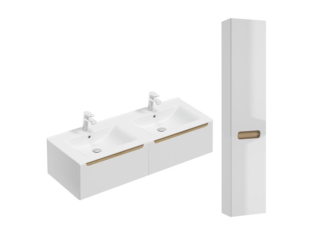 Conjunto de muebles con doble lavabo encastrado 120cm 2 cajones y columna Livia Tucasago y Madera
