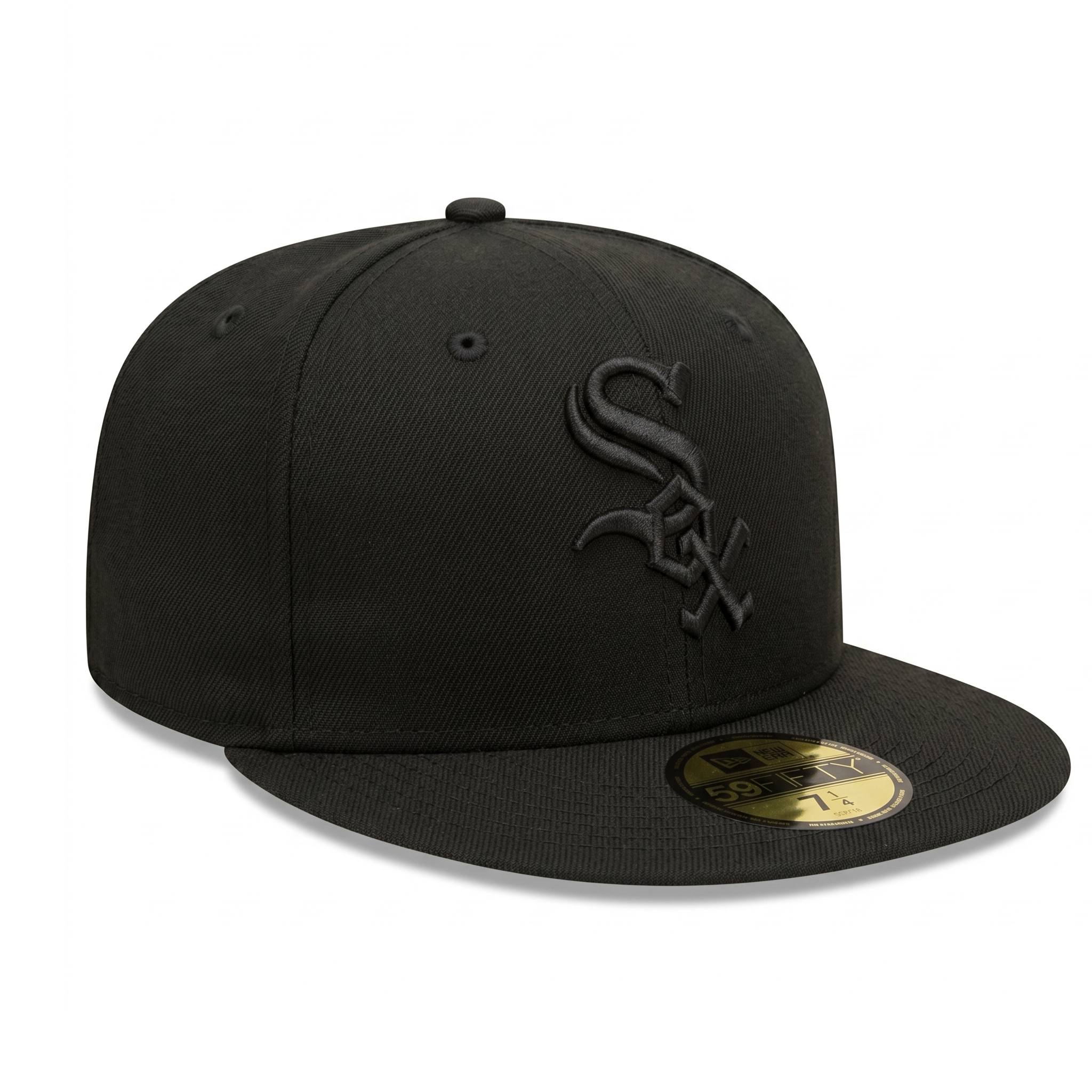 Angled view of the all-black Chicago White Sox 59FIFTY hat highlighting the raised black-on-black front logo and gold sizing sticker.