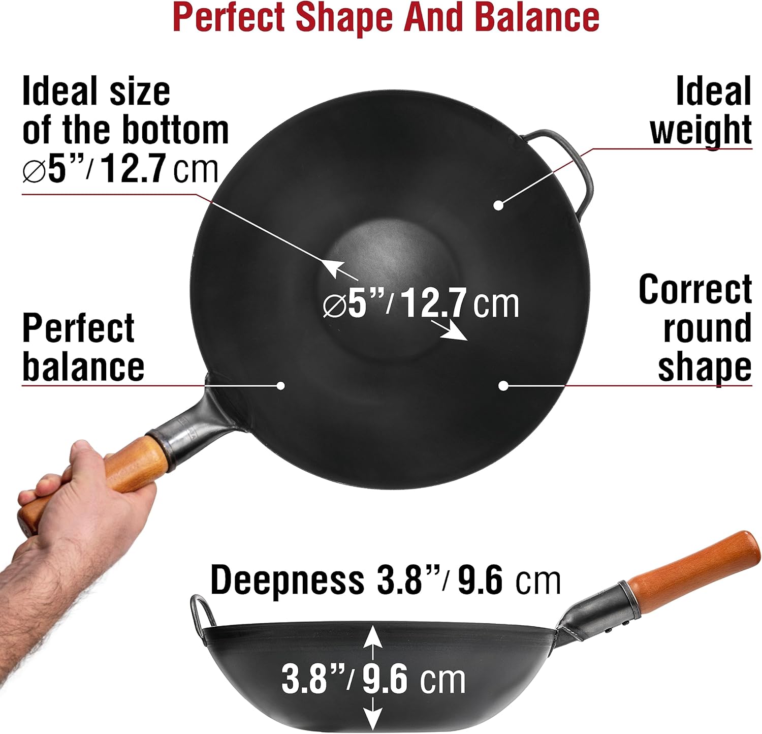YOSUKATA Carbon Steel Wok Pan 13,5“ with Premium Wok Cover 13,5 inch Pan Lid