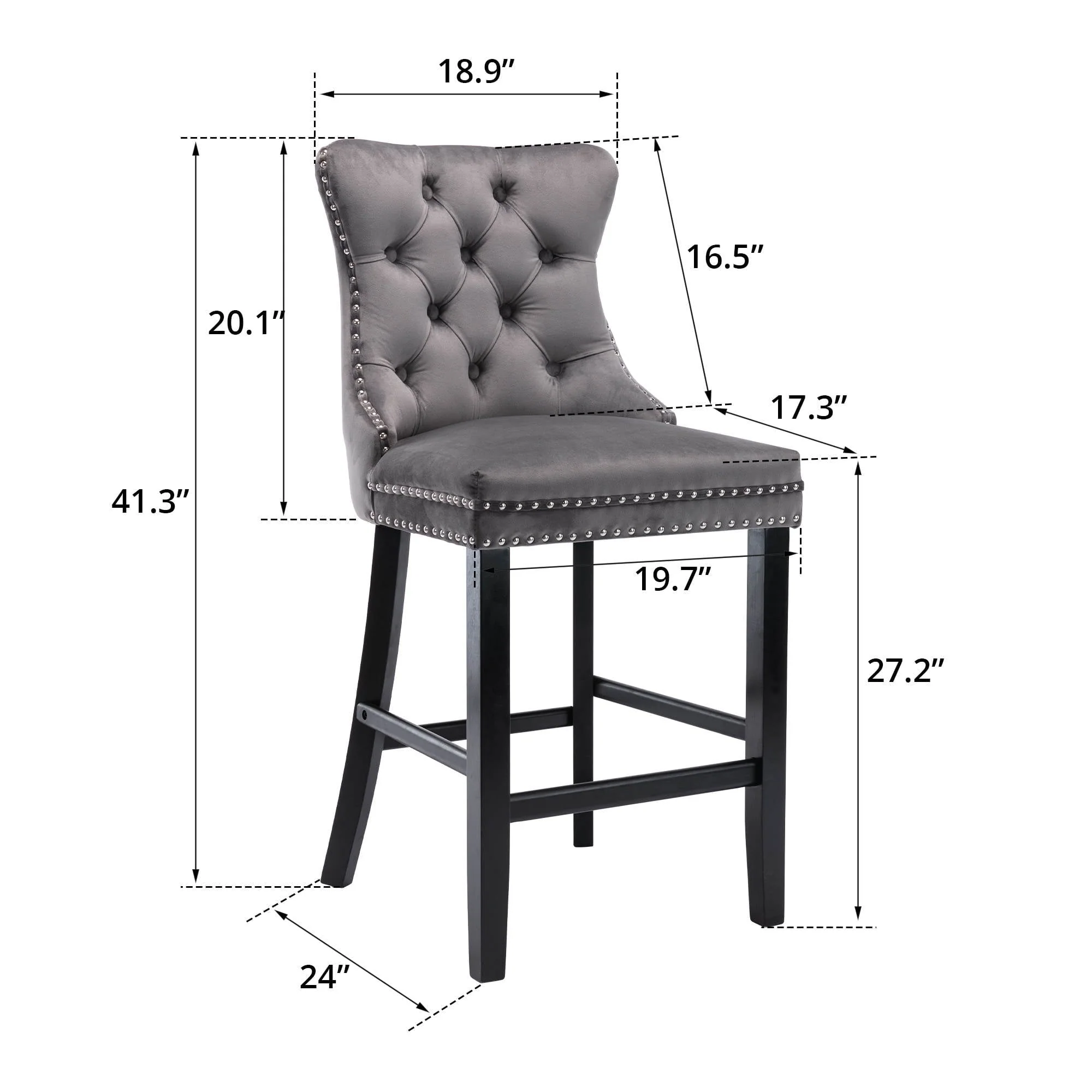 Velvet Bar Stools Set of 2, Upholstered Counter Height Bar Chair with Rivet and Button Trim, Bar Stool with Back and Footrest, for Dining Room, Kitchen, Pub, Gray - Image 5