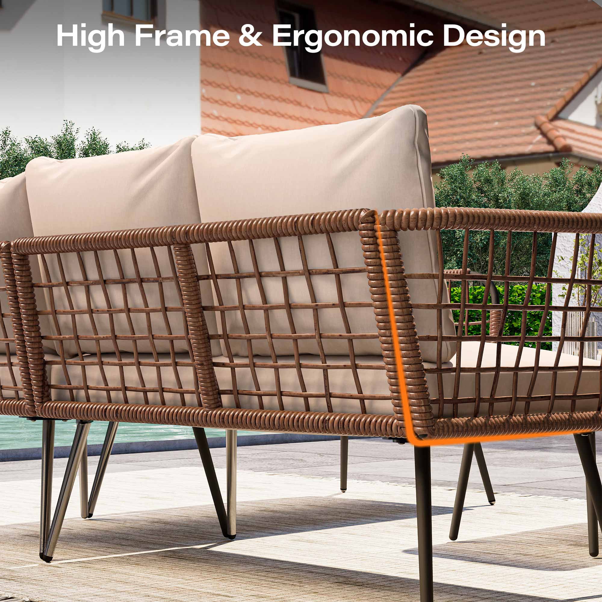 LAUSAINT HOME 4 Pieces Outdoor Conversation Sets, Patio Metal Frame Sofa with Wood Loveseat and Coffee Table, Beige Cushions - Image 13