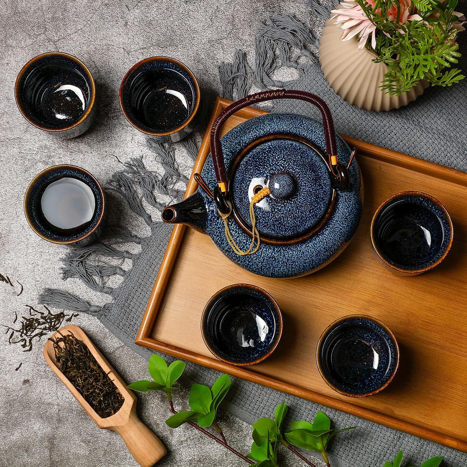 Layhit Japanese Asian Tea Set for Adults with 1 Teapot 6 Cups 1 Tray, 22 oz Traditional Portable Japanese Kiln Altered Glaze Porcelain Tea Set for Women Mother's Day Gifts(Blue)