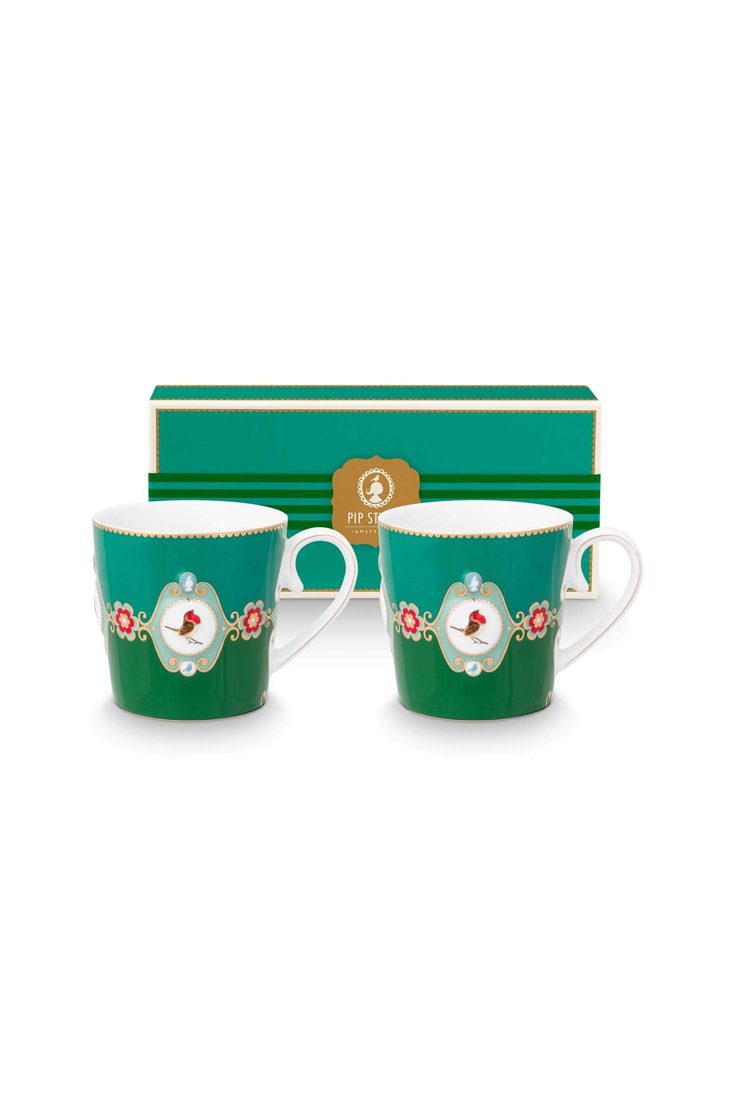 Set/2 Mugs Large Love Birds Medallion Emerald-Green