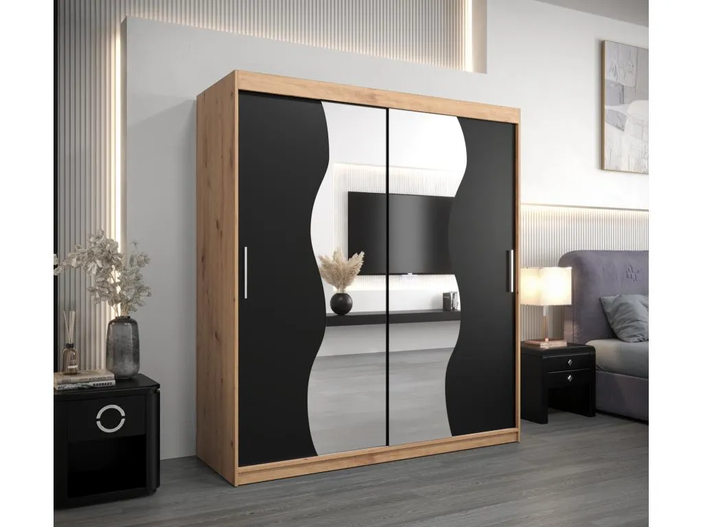 Armario Nidovia corredero 200x180x62 cm, artisan combinado con negro quv3502324