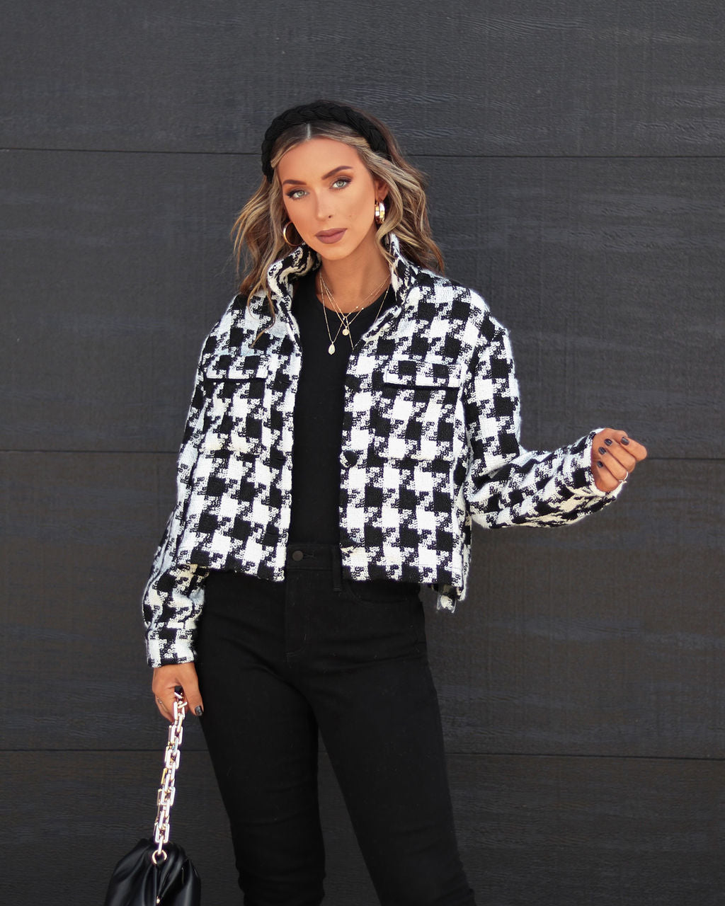 Beverly Pocketed Houndstooth Jacket - Se7enfashion