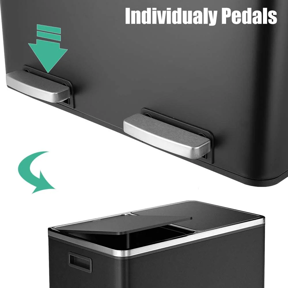 LAZY BUDDY Dual Garbage Can, Stainless Steel 16 Gallon Step Kitchen Trash Can with Soft-Close Lid, Double Compartment Garbage Recycling Bin - Image 4