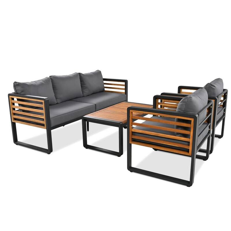 Conjunto de Sofá Seccional de 4 Piezas de Metal para Patio Exterior con Cojines Grises y Mesa de Madera Acacia para Jardín o Patio qu3146759