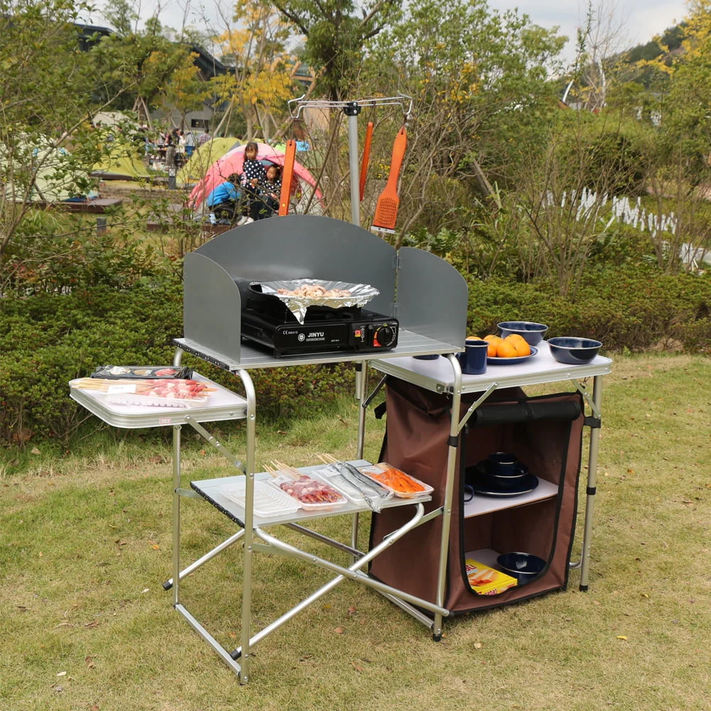 Folding Cooking Table Outdoor Portable Cook Station Aluminum Camping Kitchen with Storage Organizer,Silver - Image 7