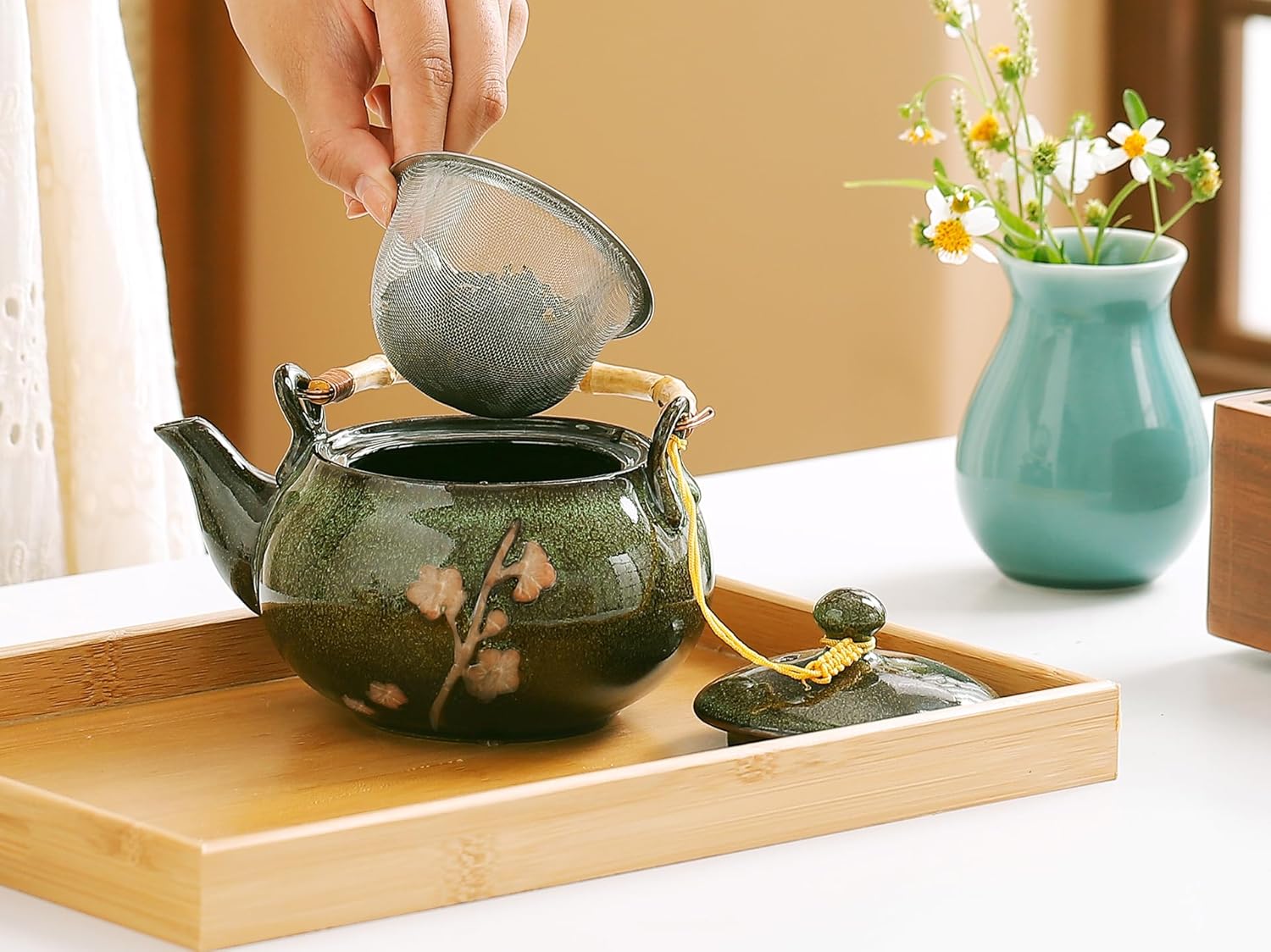 Traditional Japanese tea set, Kiln altered glaze Porcelain tea set with 1 Teapot, 6 Tea cups, 1 Tea Tray,Japanese teapot set, Asian tea sets (Kiln altered-Green)