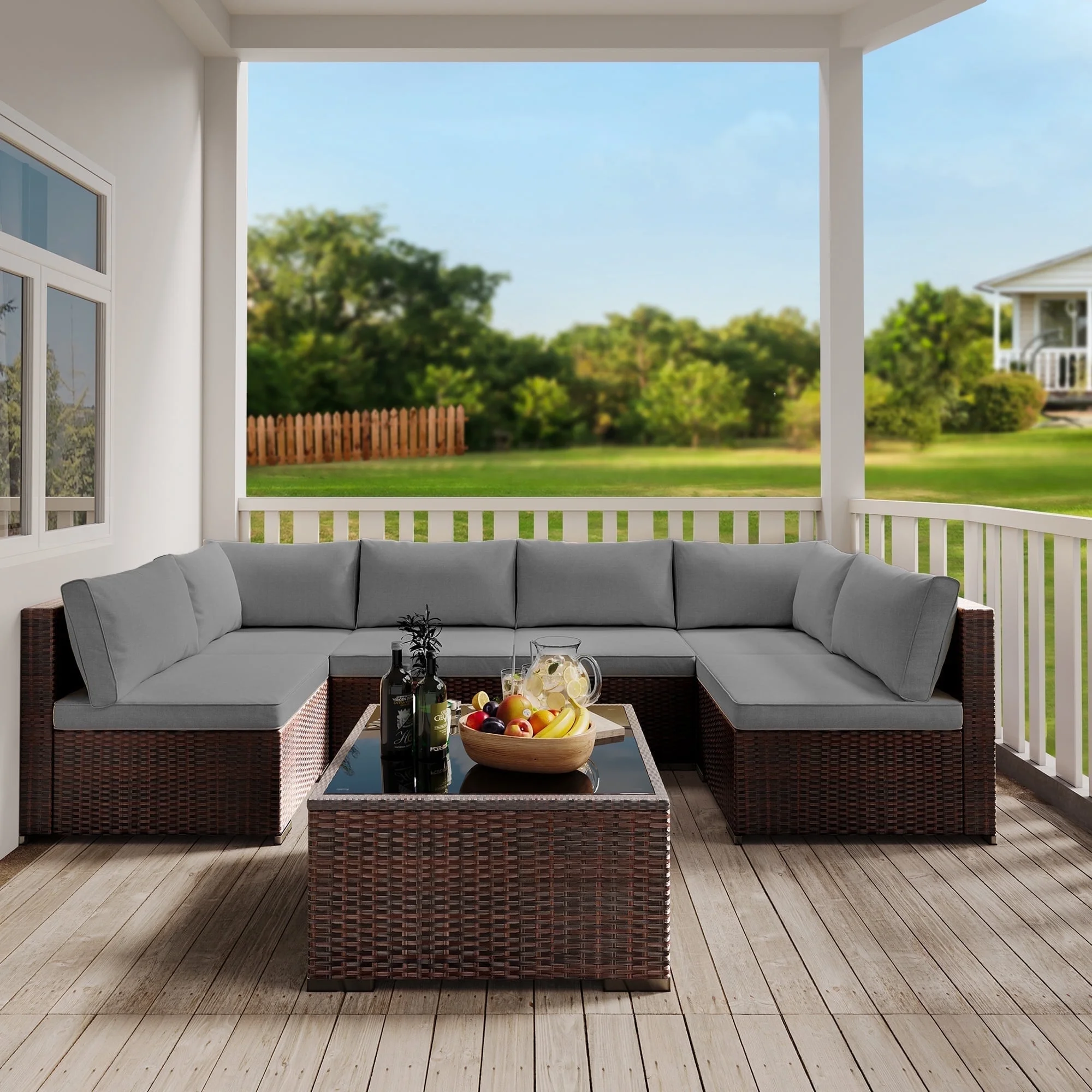Patio Furniture Set on Sale, Lofka 7-Piece Outdoor Sectional Furniture Set with Glass Coffee Table Garden, Gray - Image 9