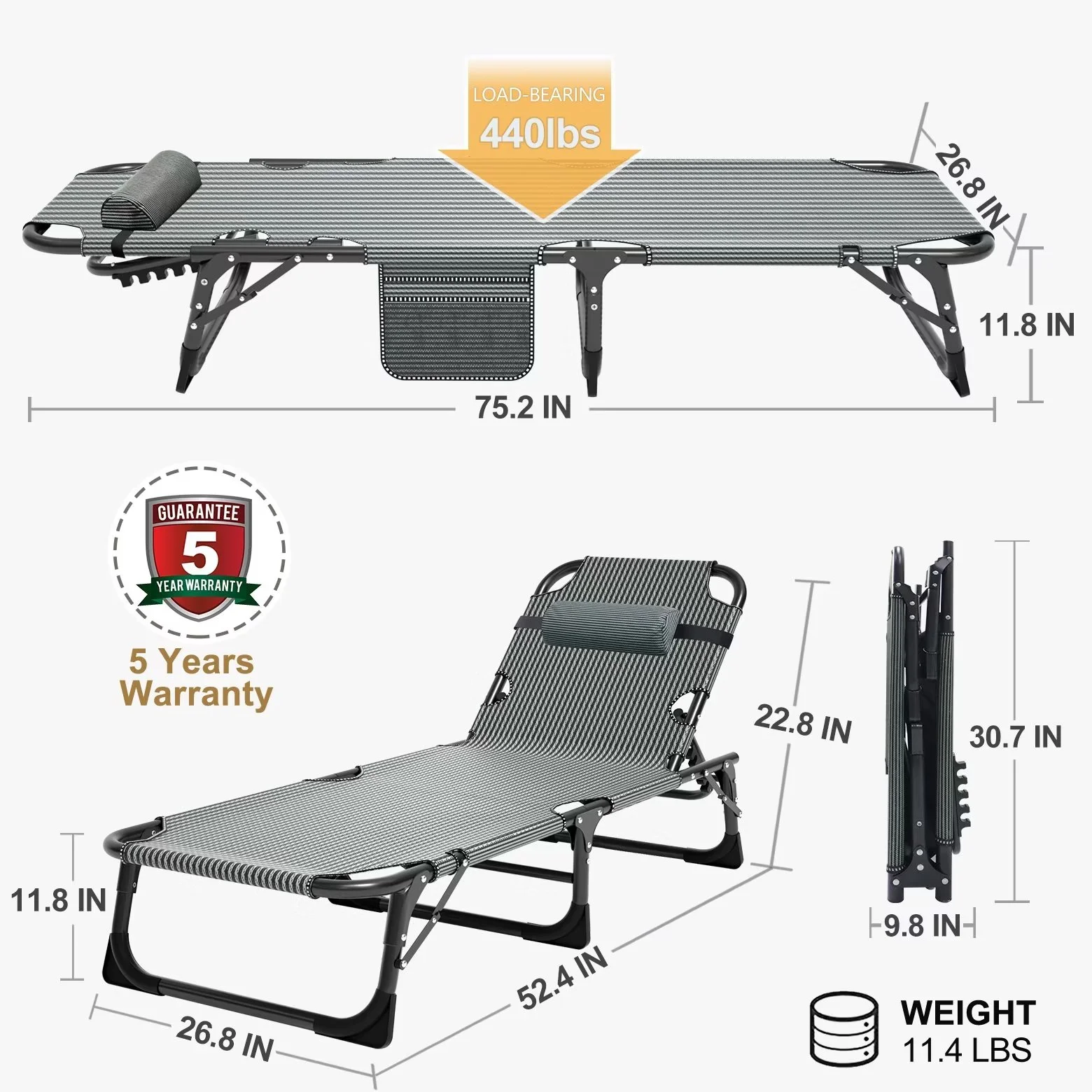 MOPHOTO Lounge Chair with Mattress, Outdoor Chaise Lounge Support 440 Lbs, Adjustable Portable Heavy Duty Sleeping Cots Bed for Camping, Pool, Beach, Patio - Image 50