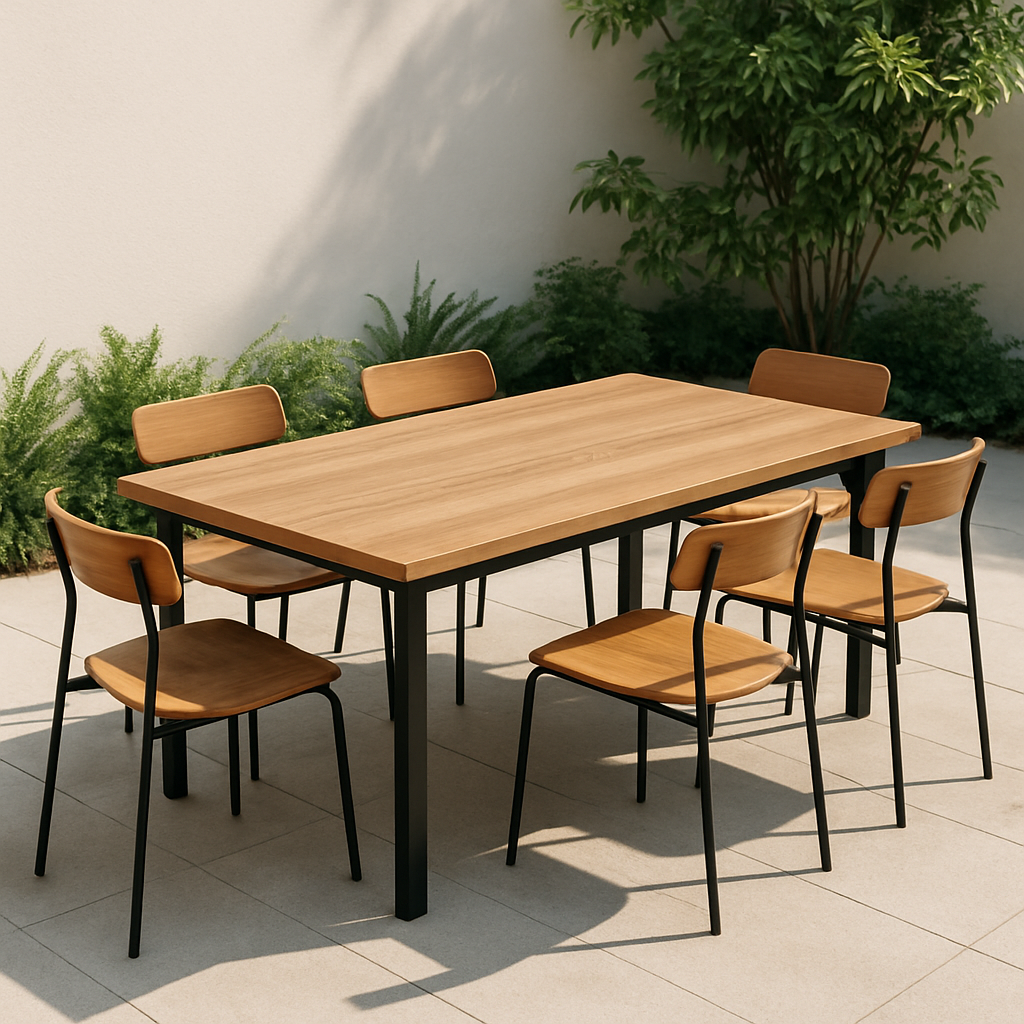 Bar de jardin Mesa con sillas Madera y Negro Metal Exterior 180×90×75cm
