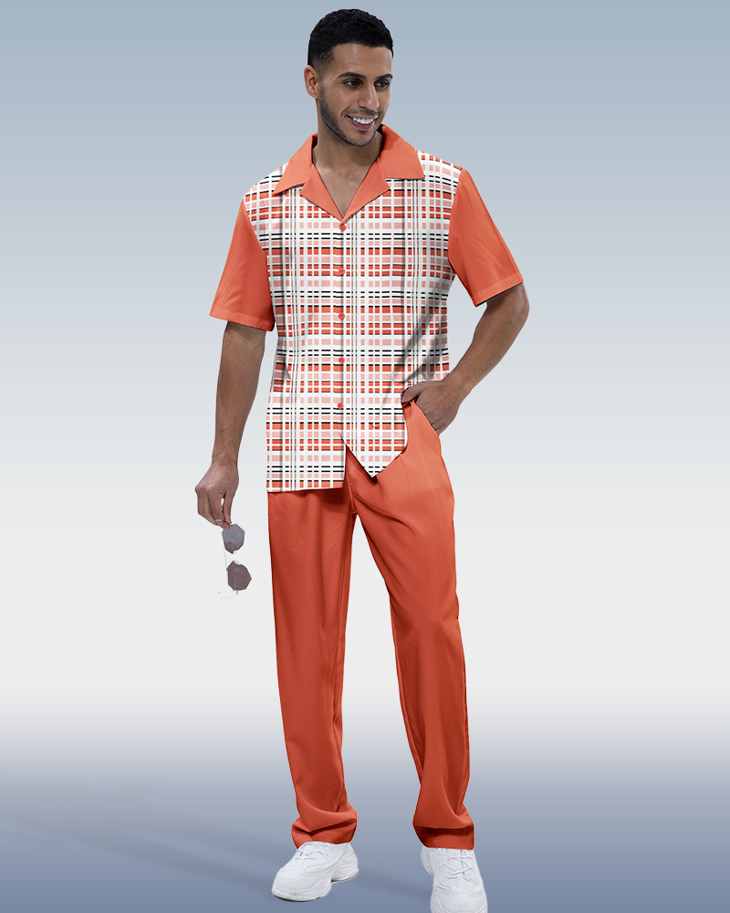 Orange Mesh Short Sleeve Print Walking Suit